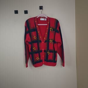Vintage Petite Projections Red Grid Embroidered Floral Button Cardigan Size L
